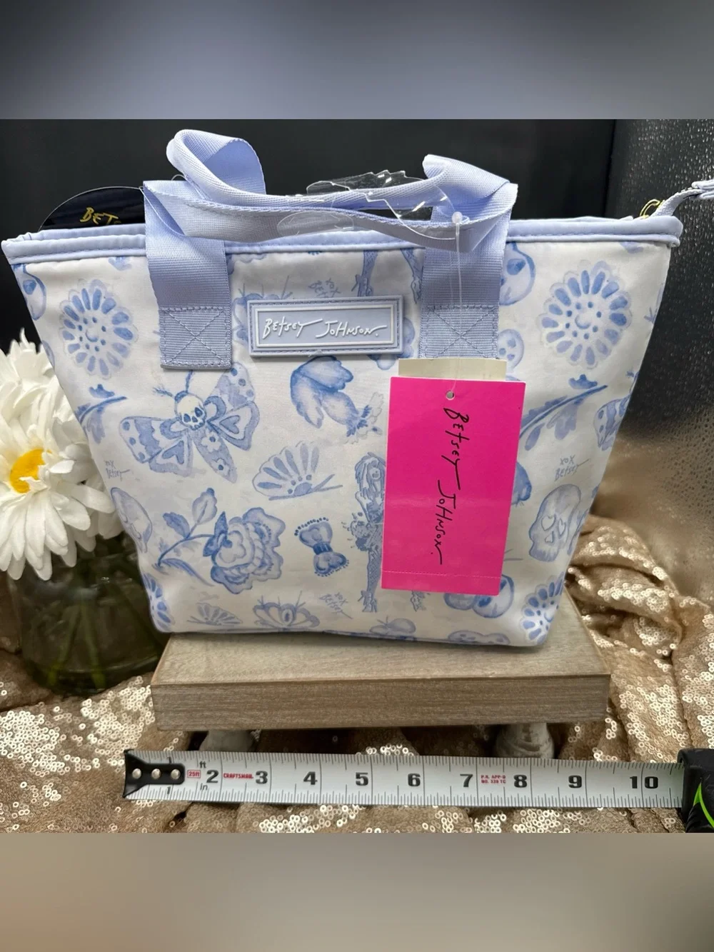 Betsey Johnson Light Blue Floral Canvas Tote with skulls and moths